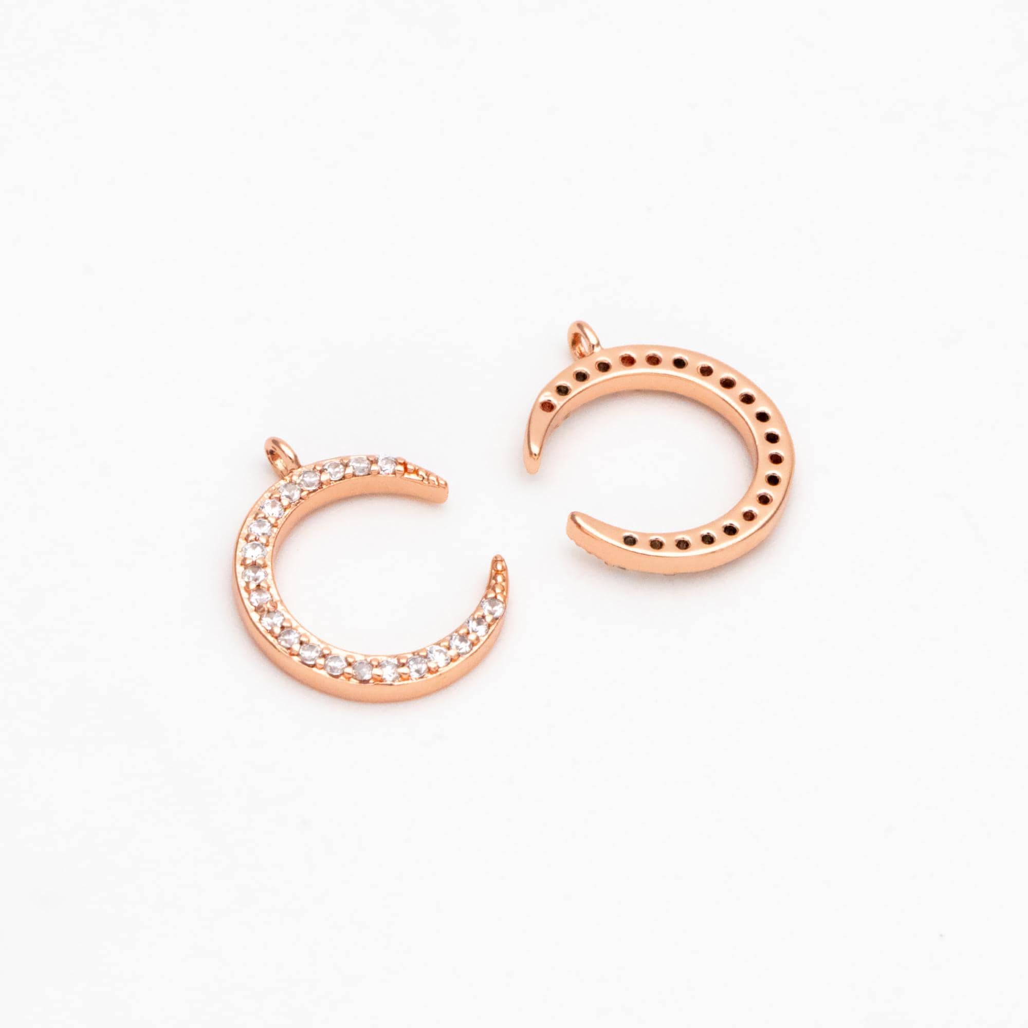 10pcs CZ Pave Moon Charms: Gold/ Rhodium/ Rose Gold Plated Brass Crescent Pendants (GB-618-G)